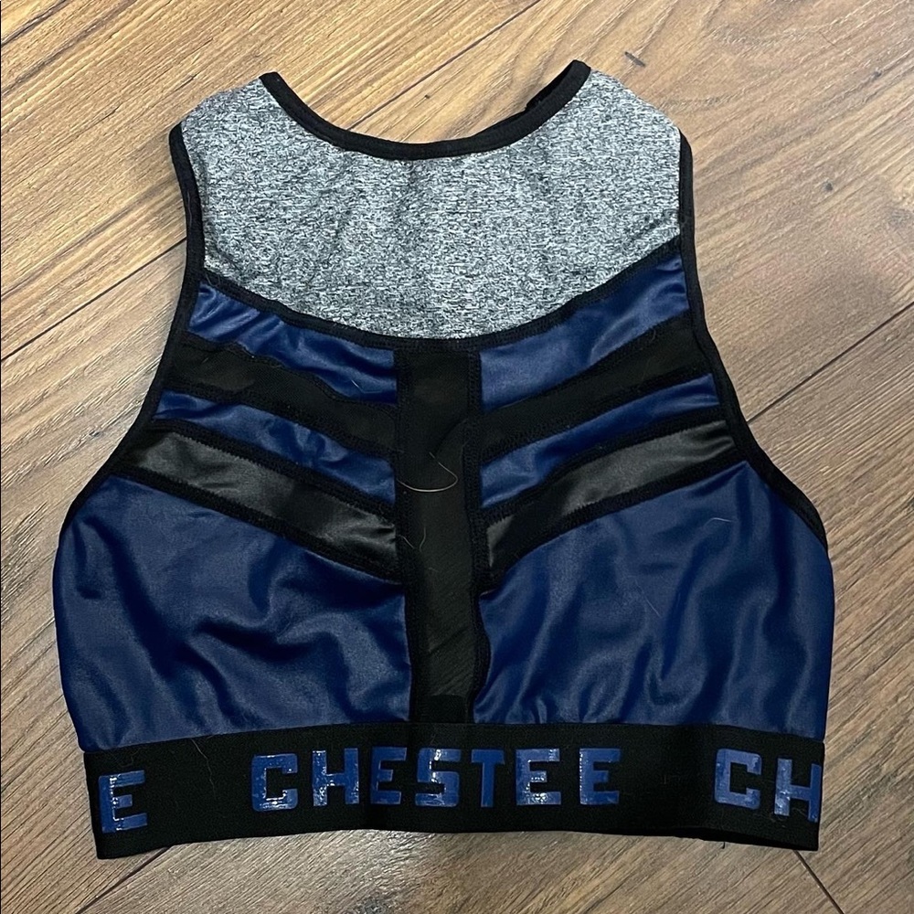 Chestee sports bra, size 4, black/grey/blue